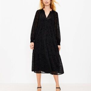 LOFT Star Midi Swing Dress Black Velvet Burnout Medium‎ Fairy Cottage Ruffles